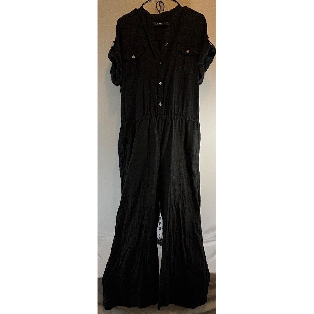 Lauren Ralph Lauren Black Linen Jumpsuit Size 14 Classic Wide Leg